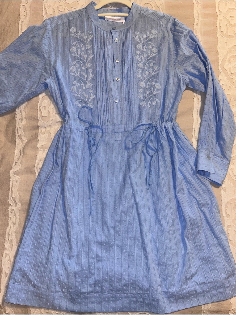 See By Chloe Light Blue Embroidered Cotton Long Sleeve Dress, size 38